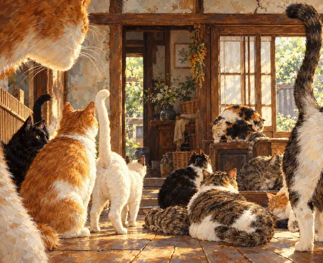 A wooden house full of cats in the afternoon sun: some keeping watch, some asleep