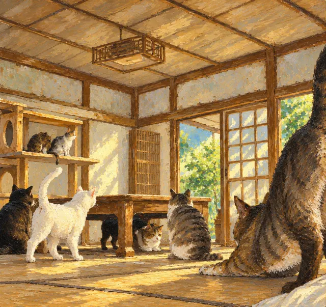 Cats in a sunlit tatami room, each busy with something of its own