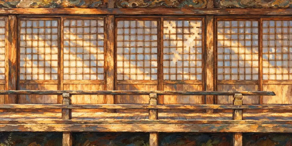 Late sun across a wooden veranda and its shoji screens