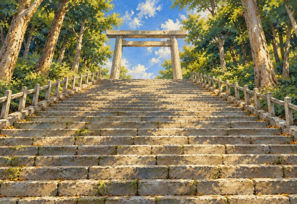 Stone stairs climbing through sunlit trees to a torii against a blue sky